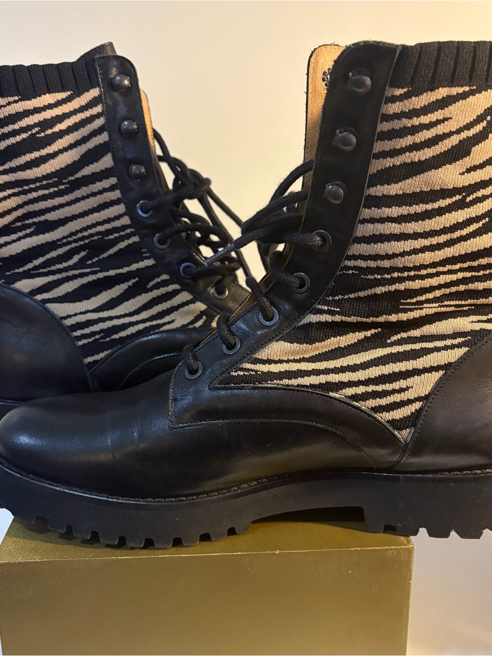 Andre Assous Black Leather Combat Boots with Cream Zebra Knit Panels